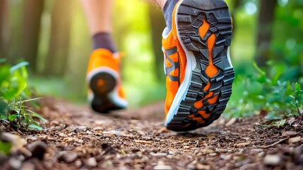 A dynamic and determined fitness enthusiast running on a peaceful and scenic nature trail surrounded by the tranquil beauty of the countryside landscape  The runner is filled with a sense of energy