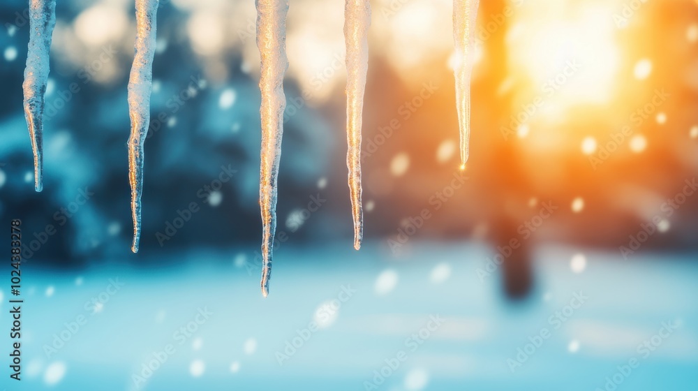 Poster icicles dangle from a winter branch, sparkling as sunlight filters through the snowy backdrop on a c