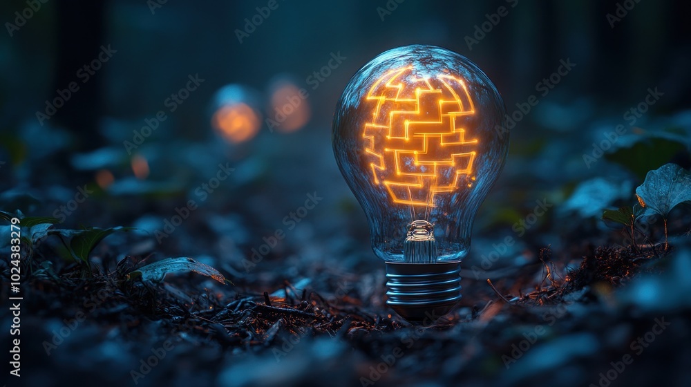 Poster a glowing light bulb with a maze pattern inside sits in the middle of a dark forest with other blurr
