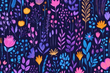 Vibrant botanical with colorful flowers leaves