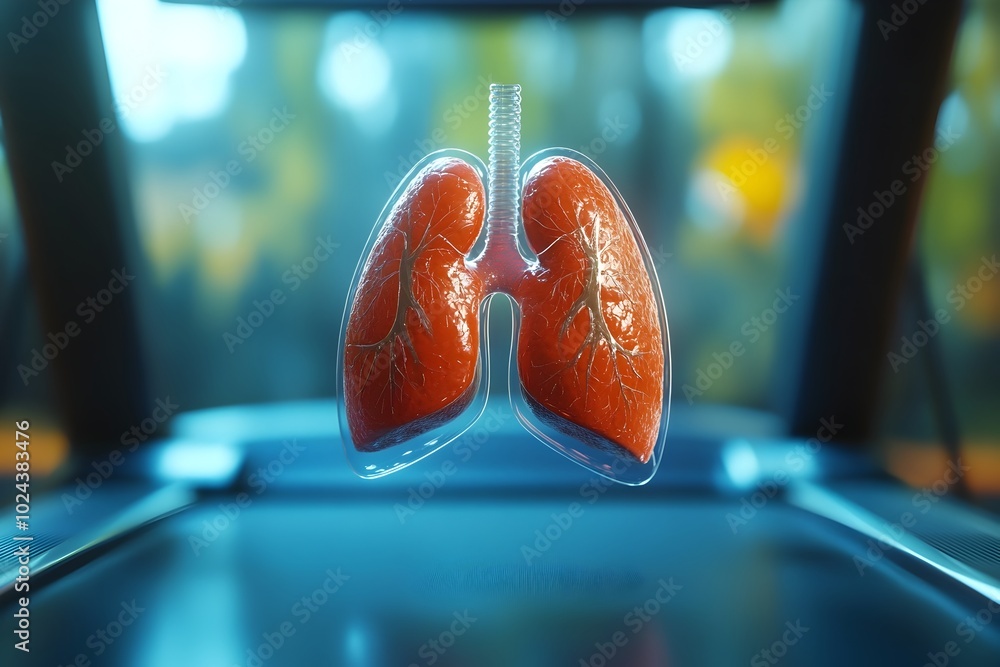 Poster 3d rendered transparent lung character running on treadmill for mental exercise concept
