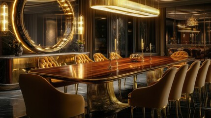 An opulent dining area with a long