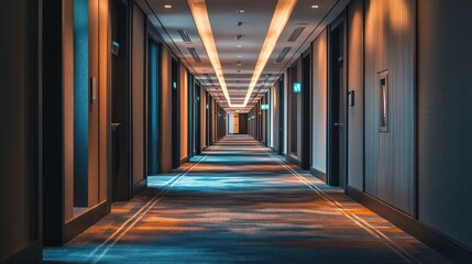 Empty Hotel Corridor with Blue Carpet