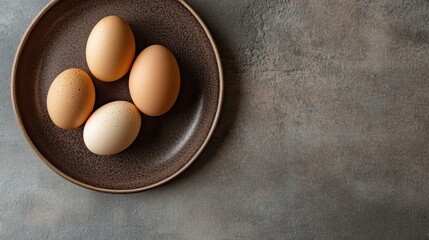 Serene still life with three speckled eggs on textured plate