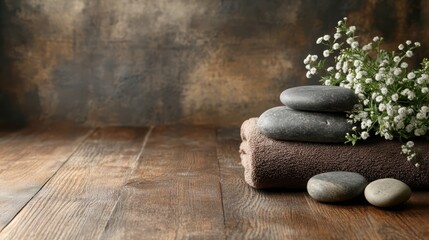 Serene spa setting with smooth stones white baby's breath on towel