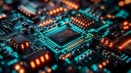 Obraz premium glowing green circuit board close-up with microchip in the middle. ai technology innovation, digital intelligence, machine learning, hardware, computing