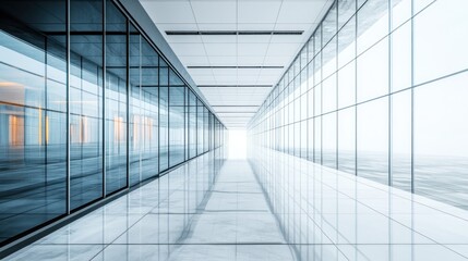 Obraz premium A modern, minimalist corridor with glass walls leading to a bright light.