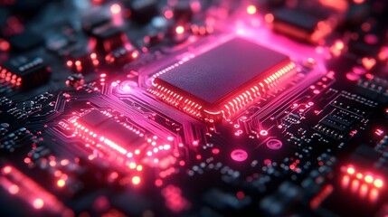 Fototapeta premium glowing neon circuit board close-up with microchip in the middle. ai technology innovation, digital intelligence, machine learning, hardware, computing