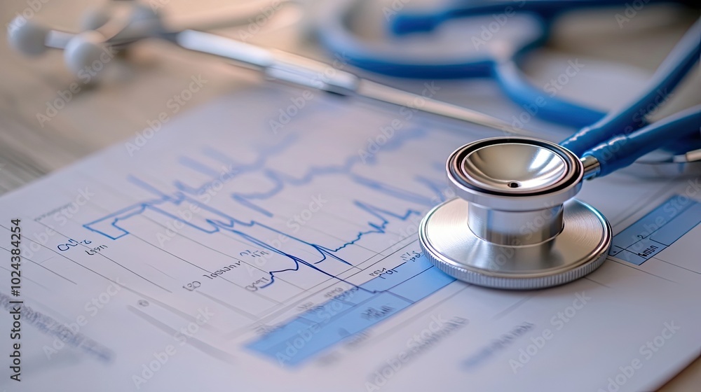 Poster stethoscope resting on a medical chart with a line graph