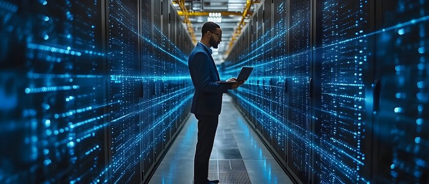 futuristic data center cto holding a laptop in a warehouse, around him, digital lines stream between towering server racks, representing data flow and cloud computing.