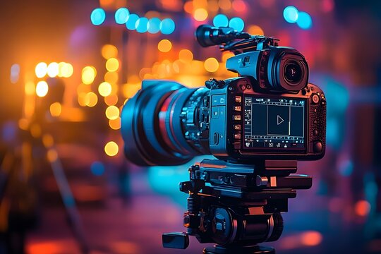 Modern video recording in TV studio with blurred background for mass media technology concept