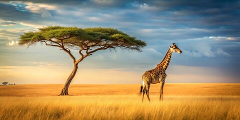 Fototapeta premium Solitary Giraffe in Golden Savanna, Silhouetted by a Spreading Tree Against a Sky of Clouds