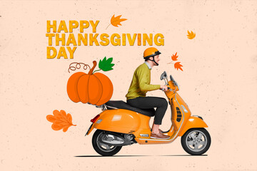 Composite photo collage of happy man drive retro scooter moped carry big pumpkin harvest autumn...