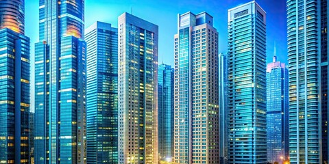 Obraz premium Tall buildings covered with glowing lights in light blue hues