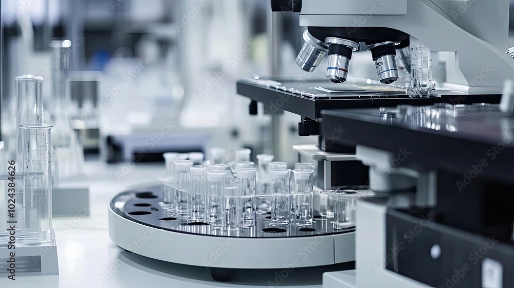 Poster a close-up of a microscope and test tubes in a laboratory setting