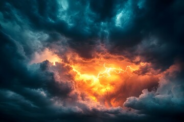 Dramatic Stormy Sky with Dark Clouds Lightning and Sunlight Peeking Through