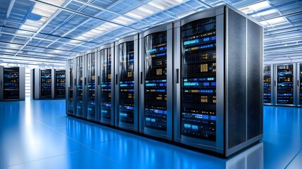 Futuristic high tech computer server room with glowing blue lights and advanced technological infrastructure  Concept of modern data center cloud computing and digital information management