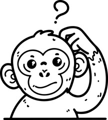 Cartoon-curious chimpanzee drawn in line art style. Vector illustration is isolated and easy for kid's designs, playful jungle themes, and creative projects.