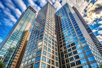 Tall modern office building with numerous windows next to another building macro.