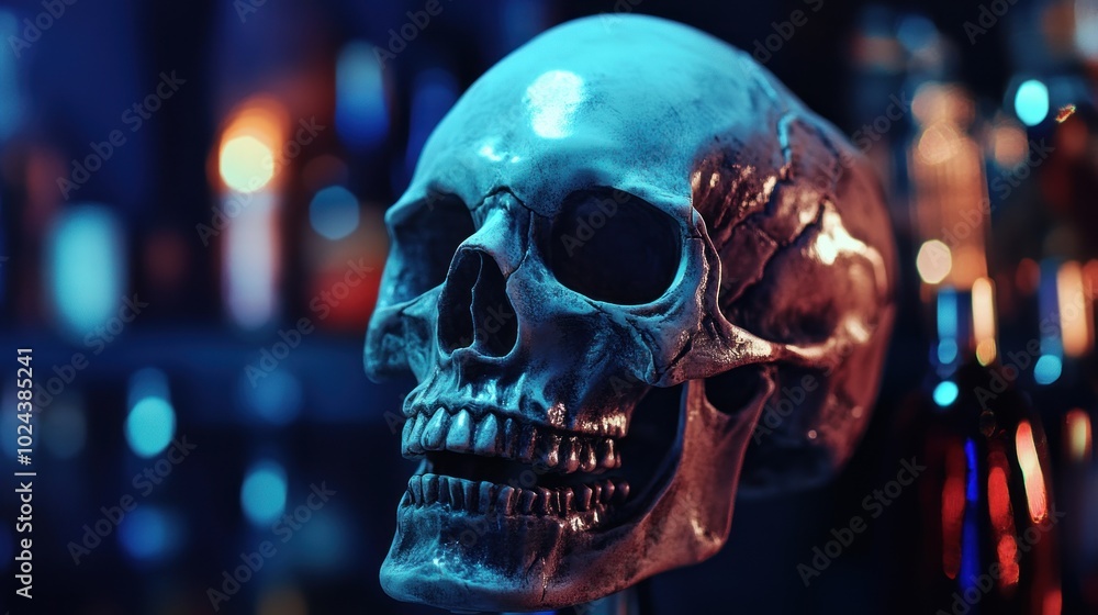 Poster a close-up of a skull against a backdrop of colorful bottles and soft lighting.
