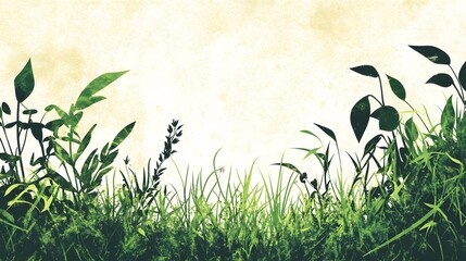 Obraz premium Watercolor Painting of Lush Green Grass and Leaves Against a Creamy Background