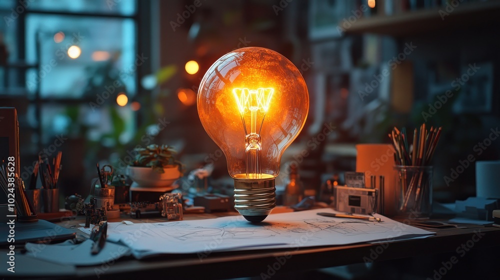 Poster a glowing light bulb on a cluttered desk with a window in the background.