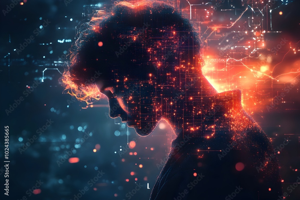 Poster contemplative student immersed in complex digital network of thoughts
