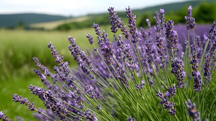 Obraz premium Serene field of vibrant purple lavender flowers swaying gently in the warm summer breeze creating a peaceful and tranquil landscape with a calming atmosphere