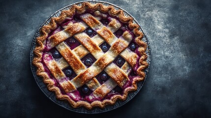 Golden-baked blueberry pie on dark textured background