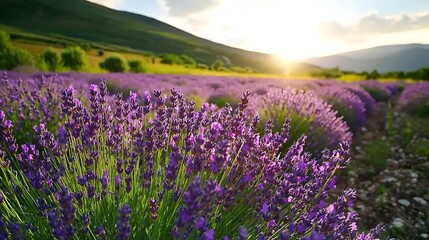 Obraz premium Picturesque field of lush vibrant lavender flowers swaying gracefully in the soft calming breeze on a serene sunny day in the countryside This tranquil