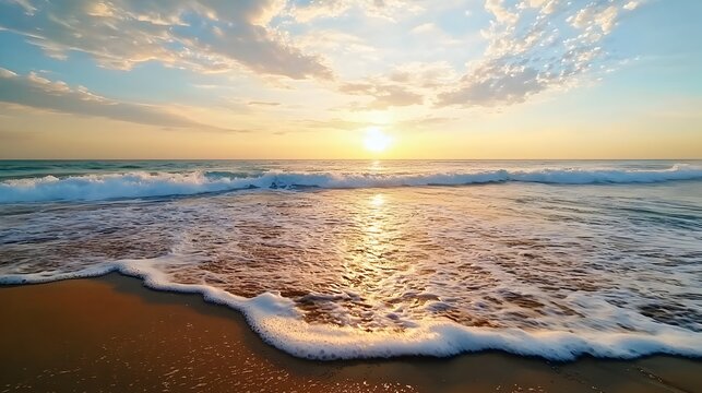 Breathtaking sunrise scene over a tranquil beach with gently crashing waves creating a serene and peaceful coastal landscape