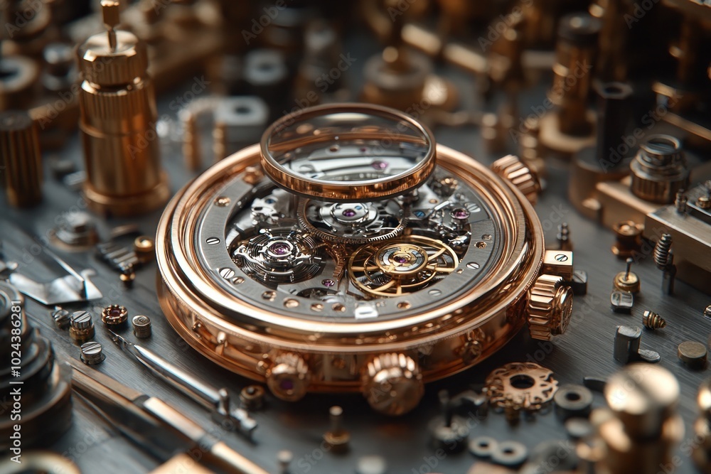 Aufkleber a close-up view of a disassembled watch with intricate gears and mechanisms visible, surrounded by v