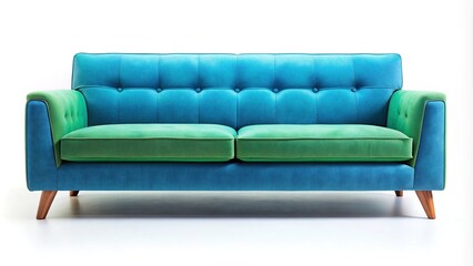 Fototapeta premium Blue green sofa from a low angle, isolated on white background