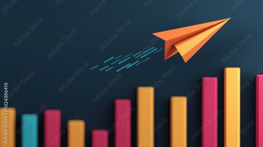 Poster a colorful bar chart with a paper airplane soaring upward, symbolizing growth, creativity, and progr