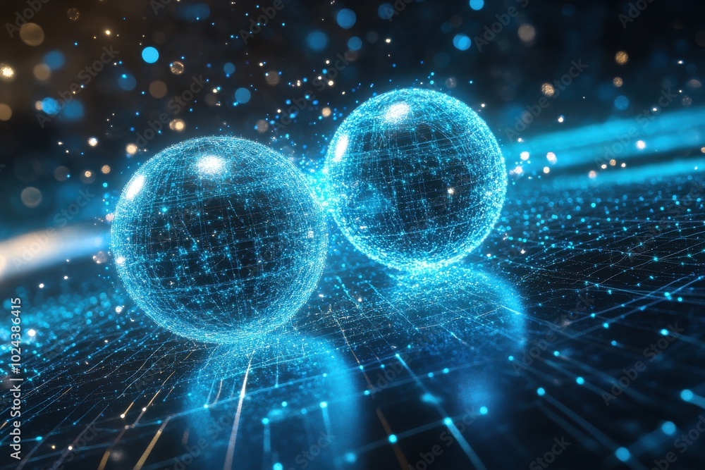 Poster two spherical particles are linked by a beam of light, floating above a grid of blue lines