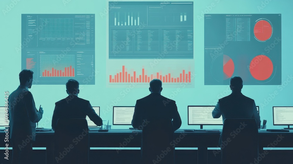 Poster data analysts examining financial charts and graphs in a modern office setting