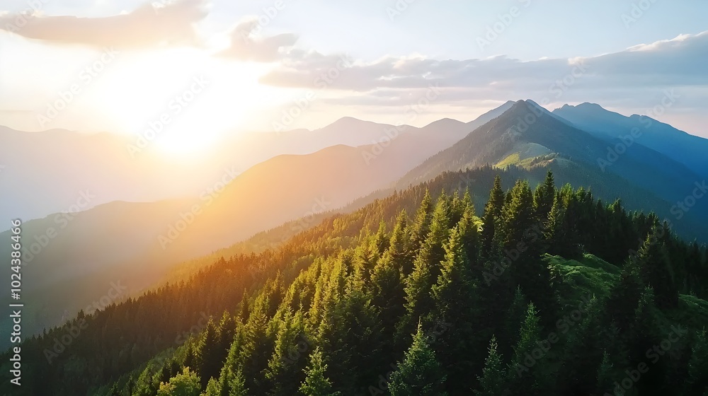 Poster breathtaking view of a majestic mountain range during the golden hour with mist and fog rising above