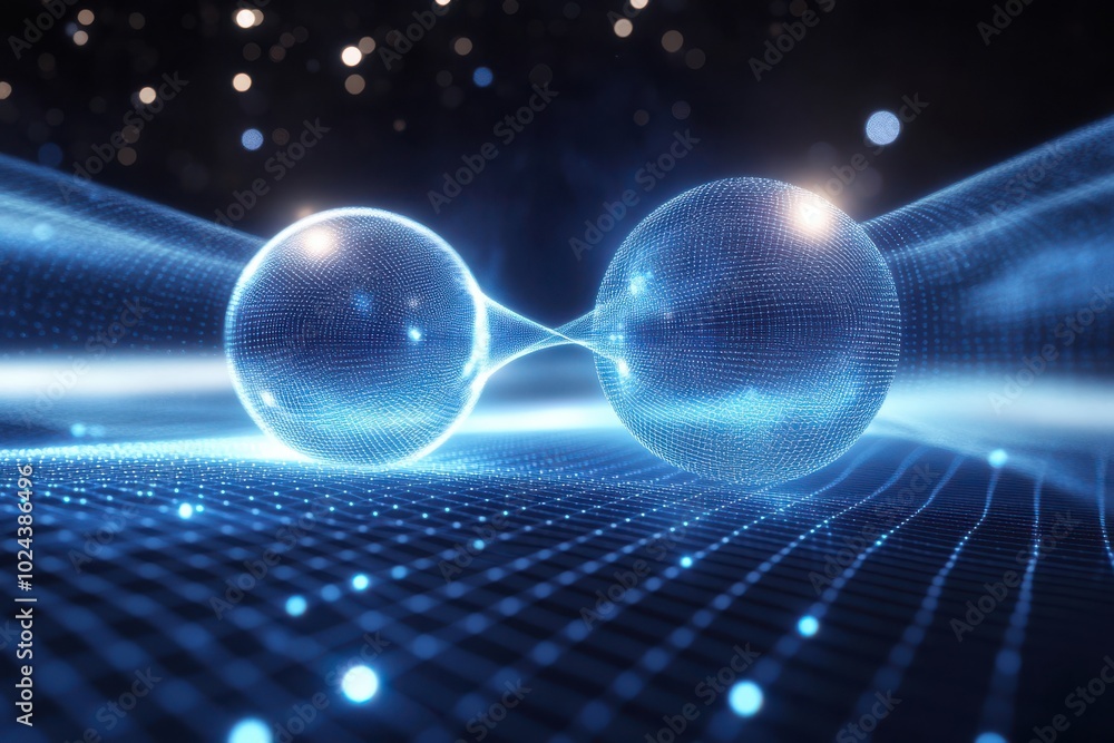 Poster two spherical particles are linked by a beam of light, floating above a grid of blue lines