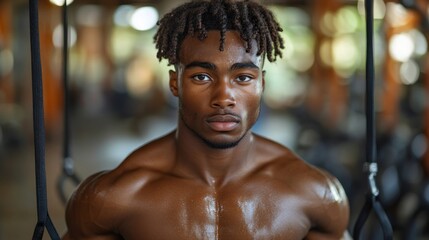 A young, muscular man with dreadlocks looks intently at the camera after a workout.