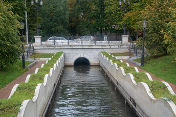 The view of fountains cascade near upper lake, Kaliningrad cityscape, Russia .