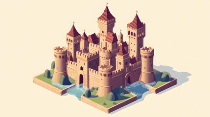 Obraz premium Isometric Illustration of a Medieval Stone Castle Surrounded by a Moat