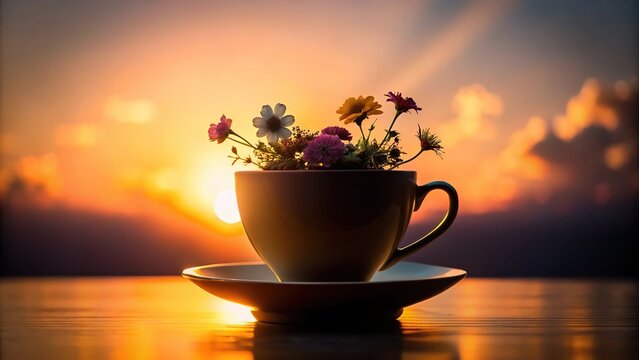 Tea cup with flowers inside for refreshments in the garden silhouette