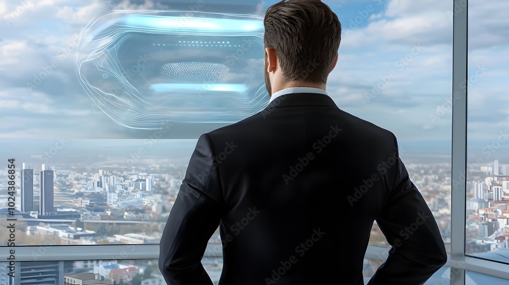 Poster professional executive working in a contemporary office environment exploring and interacting with a