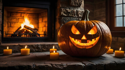 Obraz premium halloween pumpkin in the fireplace, jack o lantern, horro