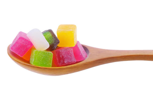 High-Quality PNG of elly sweet, flavor fruit, candy dessert colorful in spoon Isolated on White Background – High Resolution