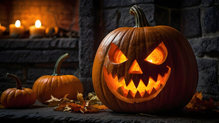 halloween pumpkin in the fireplace, jack o lantern, horro