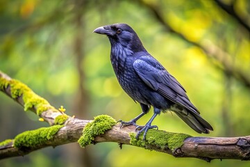 Fototapeta premium Tearful raven perched on branch with forced perspective