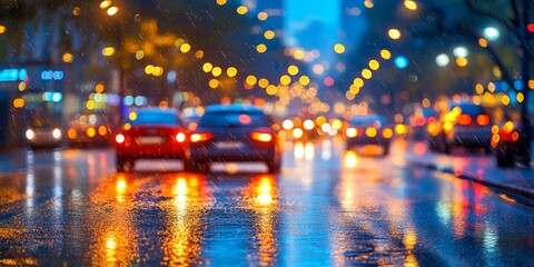 Fototapeta premium Rain drop on wet asphalt road autumn. Rainy weather