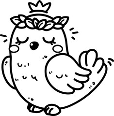 Cartoon dove wearing a crown of leaves, hand-drawn in line art style. Vector illustration, isolated for easy use in kid's designs, playful projects, and peaceful themes.