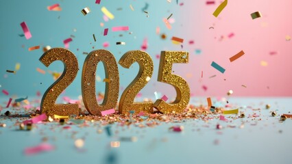 Celebratory 2025 Year with Confetti on Pastel Background